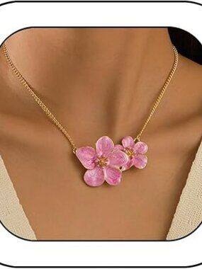 NEW Gold with‎ Pink Flower Necklace Floral Pendant Flower Statement Choker